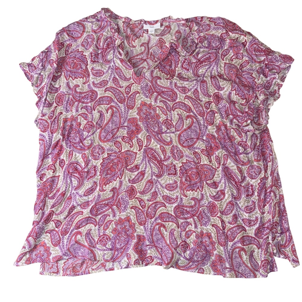 J.‎ Jill Paisley Blouse 2X Pink Purple Short Sleeve Split Neck Rayon Top